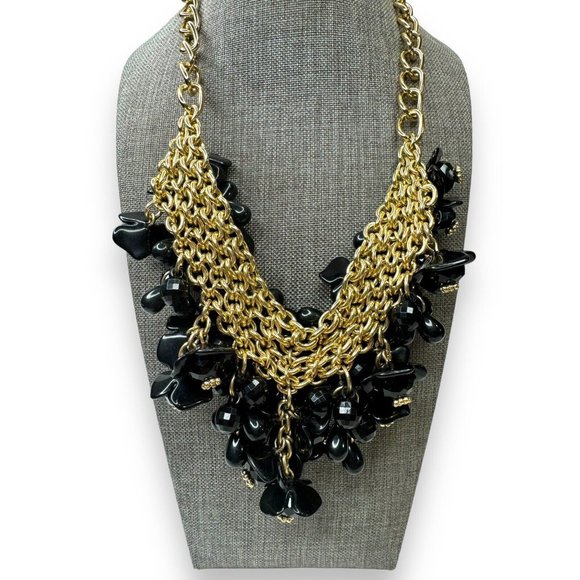 Talbots Black Acrylic Flower Cluster Goldtone Chunky Bib Necklace 18.5-21.5” - Picture 8 of 10